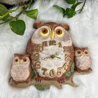 Vintage ceramic arnels owl mama and babies clock cottagecore forest fairy big eyes - chipped on edge