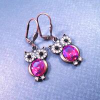 OWL Earrings, Red and White Glass Rhinestone Birds, Copper Dangle Earrings, FREE Shipping
