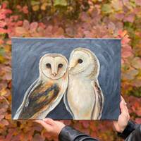 Barn Owls Painting Bird Original Art Couple Owls Wall Art Birds Owls oil painting two owls artwork B