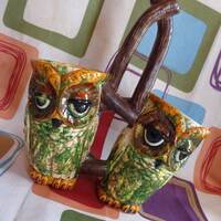 Vintage Ceramic Owl Planter Utensil Holder Vase Retro Home Decor Hand Painted Multicolor Owls Unique