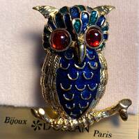 D'Orlan Owl Brooch, 22kt Gold Plated, Blue Enamel, Ruby Eyes