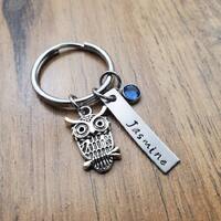 Owl Gift, Owl Keychain, Bag Charm, Birthstone Keychain, Owl Lover Gift, Hand Stamped Personalized Ke