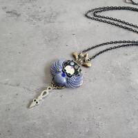Touch #2 - Gothic Steampunk filigree Owl clock hand gear enamel charm pendant necklace