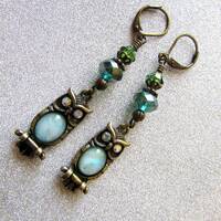 Owl Earrings Green Owl Brass Earrings Owl Dangle Earrings Dangle Owl Brass Earrings Brass Jewelry