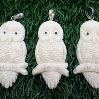 1 Piece Bright White Owl Pendant - Large Carved Owl on Branch - Large Silver Loop - White Intricate 