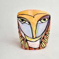 Whimsical Ceramic Owl Figurine: Colorful Handmade Sculpture (3-3/4 inches)