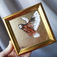 Framed Owl Painting: Original Oil Portrait with Gold Leaf (4x4)