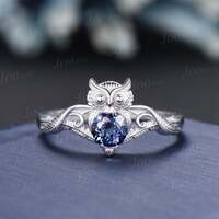 Unique Branch Twig Vine Owl Engagement Ring Round Color-Change Alexandrite Wedding Ring Cute Owl Ant