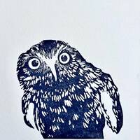 Owl, love owls, blue bird, art print, Handmade Linocut Print, Original Hand Carved, original gift, a