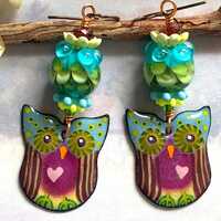 Long Owl earrings, Enamels by Cathleen Zaring, Artisan Lampwork beads, Luxe Chic, Bohemian, Handmade