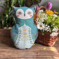 Catryoshka Teal Owl Nesting Doll Plush Pillow Original artwork with Vintage Out of Print fabric back