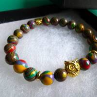 Colorful Beaded Stretch Bracelet with Gold Owl Charm, B255