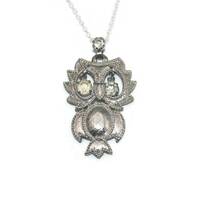 Vintage Silver Tone and Clear Rhinestones Owl Pendant on 18 Inch Sterling Silver Plated Chain with L