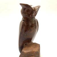 Hand carved dark ironwood owl perched MCM