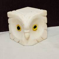 Salt Stone Vintage White Owl Head Square 2" Yellow Eyes Bird Figurine
