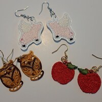 Apples or Owls embroidered free standing lace or embroidered marine vinyl Flying pig earrings!  Nick