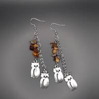 Silvery owl earrings with tigers eye chip beads