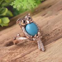 Gold Plated Sterling Silver Owl Ring: Turquoise & Zircon