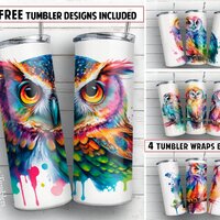 Owl 20 oz skinny tumbler sublimation design BUNDLE of 4 Rainbow watercolor Bird digital PNG Straight