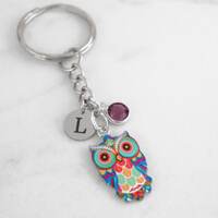 Colorful Owl Key Chain - Night Owl Charm Keyring - Personalized Personalized Initial and Birthstone 