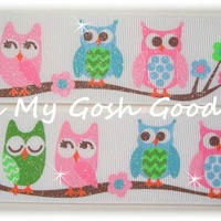 100 Yard Roll Sale - GLITTER OWLS and FLOWERS Grosgrain Ribbon 7/8" - Oh My Gosh Goodies Ribbon