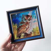 Owl bird painting original 4x4 inch small artwork framed, Bird owl wall art Best friend gift for wom