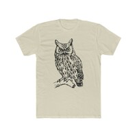 Screech Owl T-Shirt, Men's Cotton Crew Tee, Screech Owl Line Art Drawing T-Shirt, Beautiful Hand