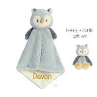 Personalized Baby Lovey and Rattle Set: Embroidered Owl Security Blanket