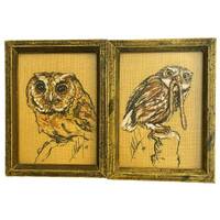 70s Pair of Owl Paintings on Burlap Screech Owl, Elf Owl Signed C. Albert