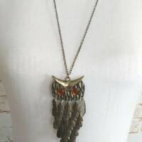 Vintage Goldtone Metal Articulated Owl Necklace With Orange Rhinestone Eyes