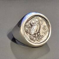 Large coin ring of Athena owl in sterling silver 925