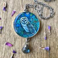 Barn Owl Necklace: Oak Tree Art, Labradorite Gemstone Pendant