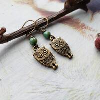 Sale Bronze Owl Turquoise Picasso Glass Earrings, Wise Owl, Antique Bronze, Rustic Earthtone, Nature