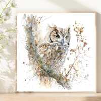 Owl Watercolor Painting Square Art Print. Home Decor Wall Art. OP