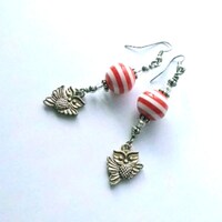 Whimsical Owl Earrings Red White Beaded Dangle Jewelry | Glass Bead Silver Charm Earrings | Playful