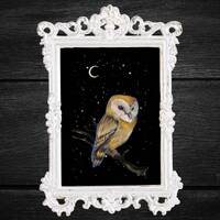 Barn Owl Moon Art Print: Dark Academia Nature (4x6" Mini Print)