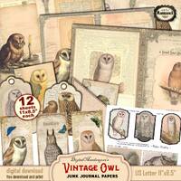 Vintage Owl Junk Journal Papers: Collage Pages, Tags (Digital Download)