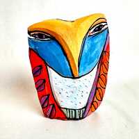 Owl art, figurine, ceramic owl sculpture, whimsical, colorful owl, "Owl Person. Blue Sky.&rdquo
