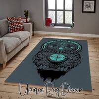 Turquoise Color Owl Themed Decorative Living Room Kitchen Carpet, Compass Decor, Nonslip Area Animal