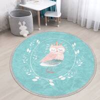 Cute Owl Circle Rug|Fringed Owl Print Kid Carpet|Non-Slip Round Rug|Pastel Color Carpet|Kids Home De