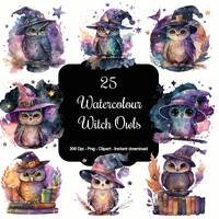 Enchanted Nocturne: 25 Watercolor Witchy Halloween Owls Cliparts