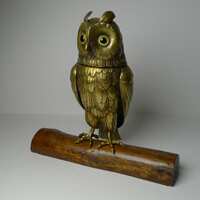 Large Antique English Brass Owl Inkwell c.1890