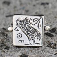 Athenian Owl Square Ring - Handcrafted in 925 Sterling Silver - Goddess Athena Sacred Bird - Symbol 