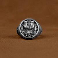 Unique Masonic Symbol Combination Signet Ring, Owl Skull and Square Compass Engraved One of a Kind F