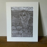 Barn owl lino print, an original limited edition lino cut print of a Barn Owl in the countryside, bi