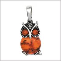 Silver Amber Owl Large Pendant 35mm x 15mm  925 Sterling Silver Baltic Honey Amber Wise Owl Unusual 