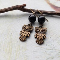 Sale Bronze Owl Black Agate Natural Gemstone Earrings, Rustic Earthtone, Wise Owl Jewelry, Nature In