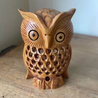 Vintage Boho Hand Carved Wood Owl Figurine with Cutout Carved Design