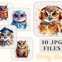 Funny Owls Watercolor Collection 10 JPG Cute Owls Illustration Owls Clipart Art Crafting Bundle Digi