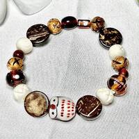 Ceramic Owl Bracelet: Brown Wood Beaded Stretch Jewelry